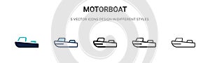 Motorboat icon in filled, thin line, outline and stroke style. Vector illustration of two colored and black motorboat vector icons