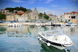 Motorboat moored in the old harbor or marina, Croatia Dalmatia