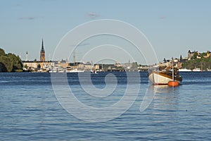 Motorboat moored to buoy RiddarfjÃÂ¤rden Stockholm