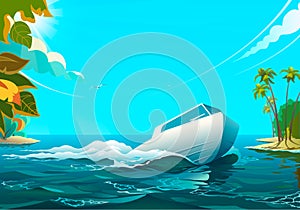 Motorboat in the ocean. Vector illustration of white motorboat floating in the ocean.
