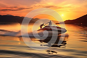 Motorboat towing water skier in romantic vibrant sunset. Generative AI
