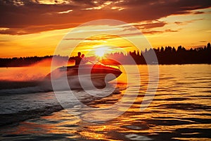 Motorboat towing water skier in romantic vibrant sunset. Generative AI