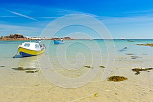 Motorboats anchored seashore summer background