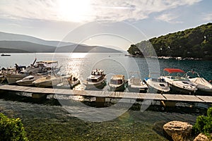 Motorboats at the jetty in picturesque bay (Osor) on the island of Losinj in the Adriatic Sea, Croatia