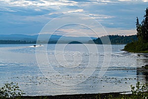 Motorboats on McLeod Lake at Whiskers Point Provincial Park, British Columbia, Canada