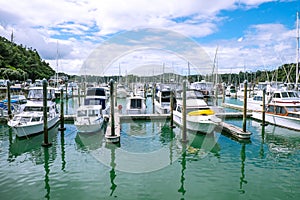 Motorboats and motor launches at Tutukaka Marina, Northland, Nor