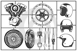 Motorcicle logo modeling elements set. Motor, wheel, chain, gearwheel, helmet, piston, wrench, spark plug. Vintage Motor Club Sign