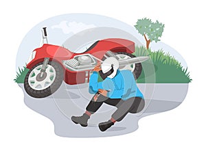 Motorcycle accident, flat vector illustration. Injured motorcyclist sitting on the road next to his damaged motorbike.