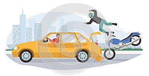 Motorcycle road accident, vector illustration. Motorbike collision with car. Motor vehicle crash, injured motorcyclist.