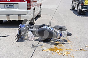 Motorcycle accident that happened on the road at tropical island Koh Phangan, Thailand . Traffic accident between a motorcycle on