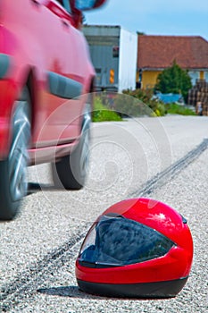 Motorcycle accident. Skid mark on road traffic