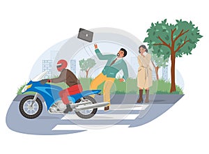 Motorcycle accident, vector illustration. Motorcyclist struck pedestrian on crosswalk. Road traffic accident.