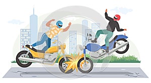 Motorcycle accident, vector illustration. Road crash. Two motorbikes collision. Road traffic accident.