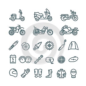 Motorcycle, auto parts and motorbike accessories vector line icons