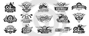 Motorcycle badges. Bikers club emblems, motorbike custom repair and wheel wings badge. Retro motorcycles motor emblem photo