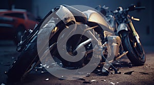 Motorcycle badly damaged in the accident. Ruined bike unable to ride. Close up. Generative AI