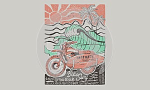 Motorcycle beach ride. Big wave artwork.