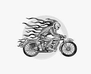 Motorcycle for biker club templates. Vintage custom emblem, label badge. Fire racer for t shirt. Monochrome retro style