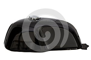 Motorcycle black fuel tank close up of vintage cafe racer motorcycle isolated in side view on white background