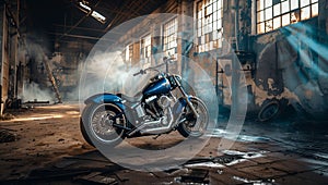 A motorcycle with a blue tire is parked inside an abandoned building