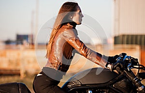Motorcycle, brown jacket, half height