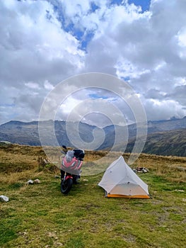 Motorcycle camping on the famous Furka Pass located in Switzerland, Europe
