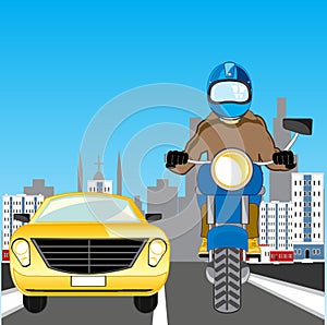 Motorcycle and car go on town road