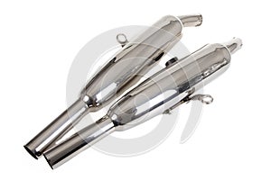 Motorcycle chrome silver mufflers exhaust part motorbike in white background