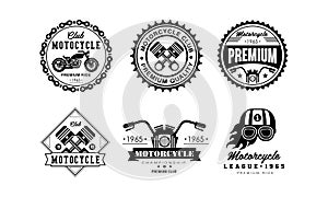 Motorcycle club logo set, retro badges for biker club, auto parts store, repair service vector Illustration on a white