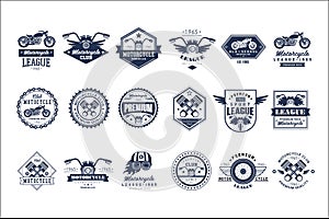 Motorcycle club logo template set, sport league retro vintage style emblems and badges vector Illustrations on a white