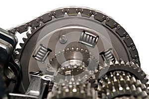 Motorcycle clutch with drive chain and gears.