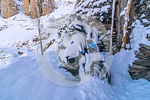 Motorcycle Covered With Snow in Dhankar Village, Spiti Valley, Himachal