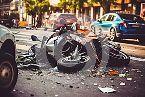 Motorcycle crash accident on street, damaged bycicles after collision in city. Generative AI