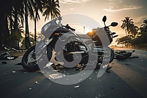 Motorcycle crash on the road in the city with sunset background, Motorcycle bike accident and car crash, broken and wrecked moto