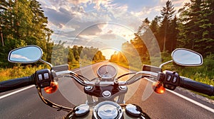 Motorcycle cruising on highway at sunset, point of view of rider on fast moving bike