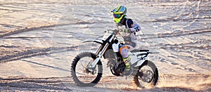 Motorcycle, desert race and extreme sport expert with agile speed, power or balance in nature. Motorbike man, rally and