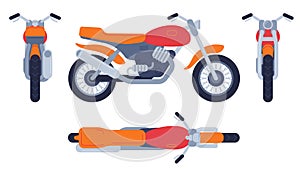 Motorcycle in different positions. Motorbike top, front back and side view, detailed motocross vehicles transport mockup