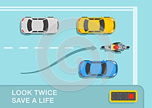 Motorcycle driver drives between lanes. Stop line at traffic light. Look twice, save a life warning design.