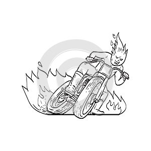 Motorcycle Driver with Fireball Head Driving Motorbike Flat Track Racing  Line Art Drawing Black and White