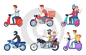 Motorcycle driving. Man rides with woman and kids postal food pizza deliver vector characters cartoon