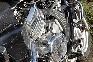 Motorcycle engine close-up, chrome motorcycle parts