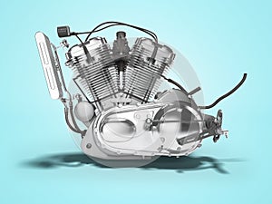 Motorcycle engine isolated left view 3d render on blue background with shadow