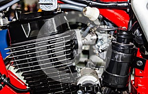 Motorcycle engine parts in close up.