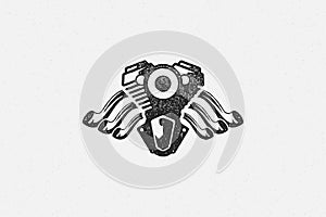 Motorcycle engine silhouette hand drawn ink stamp vector illustration.