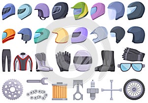 Motorcycle equipment icons set cartoon vector. Helmet jacket