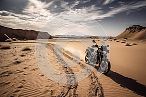 Motorcycle escapade in dry desert. Generate ai