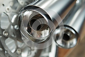 Motorcycle exhaust pipe. Details bike close up.