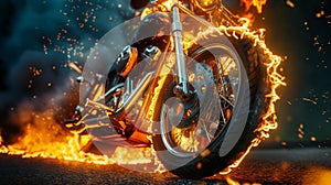 Motorcycle with fiery wheels speeding on road