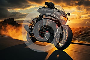 Motocicleta libertad jinete velocidad sobre el carretera sobre el amanecer ilimitado 