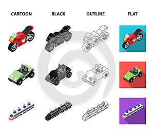 Motorcycle, golf cart, train, bus. Transport set collection icons in cartoon,black,outline,flat style vector symbol